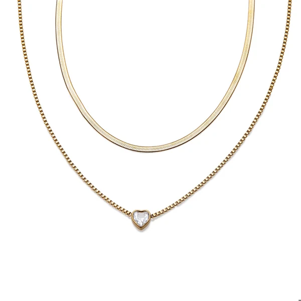 Collar doble cadena con dije de corazon y cristal 45-65cm