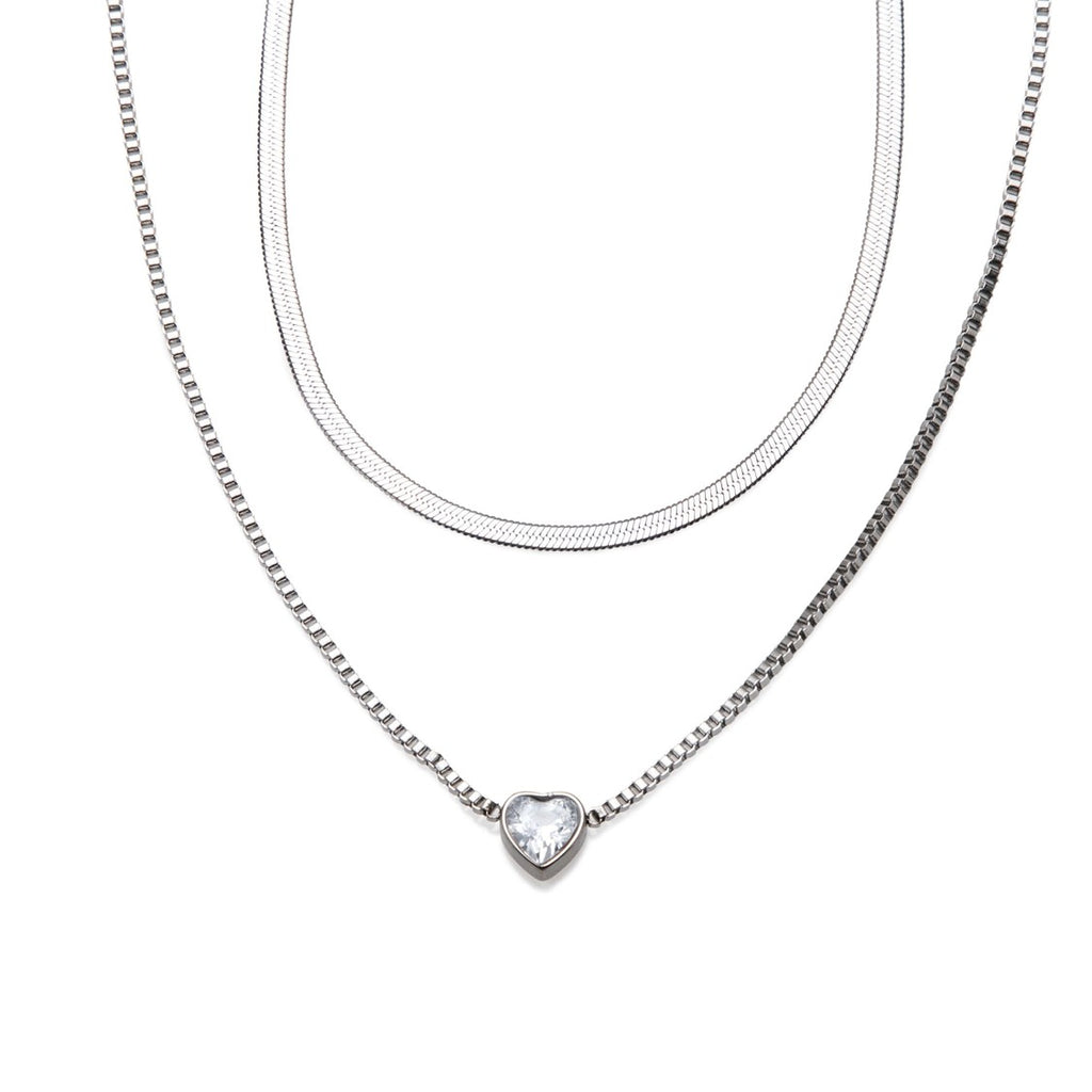 Collar doble cadena con dije de corazon y cristal 45-65cm