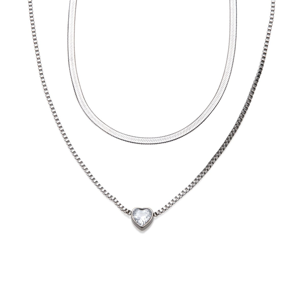 Collar doble cadena con dije de corazon y cristal 45-65cm