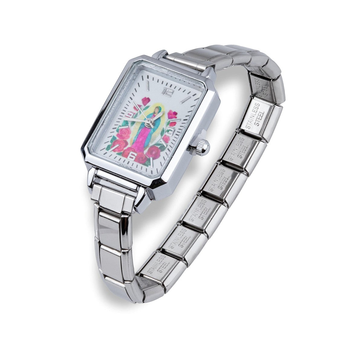Reloj ajustable eslabon italiano rectangular Virgen de Guadalupe 21mm